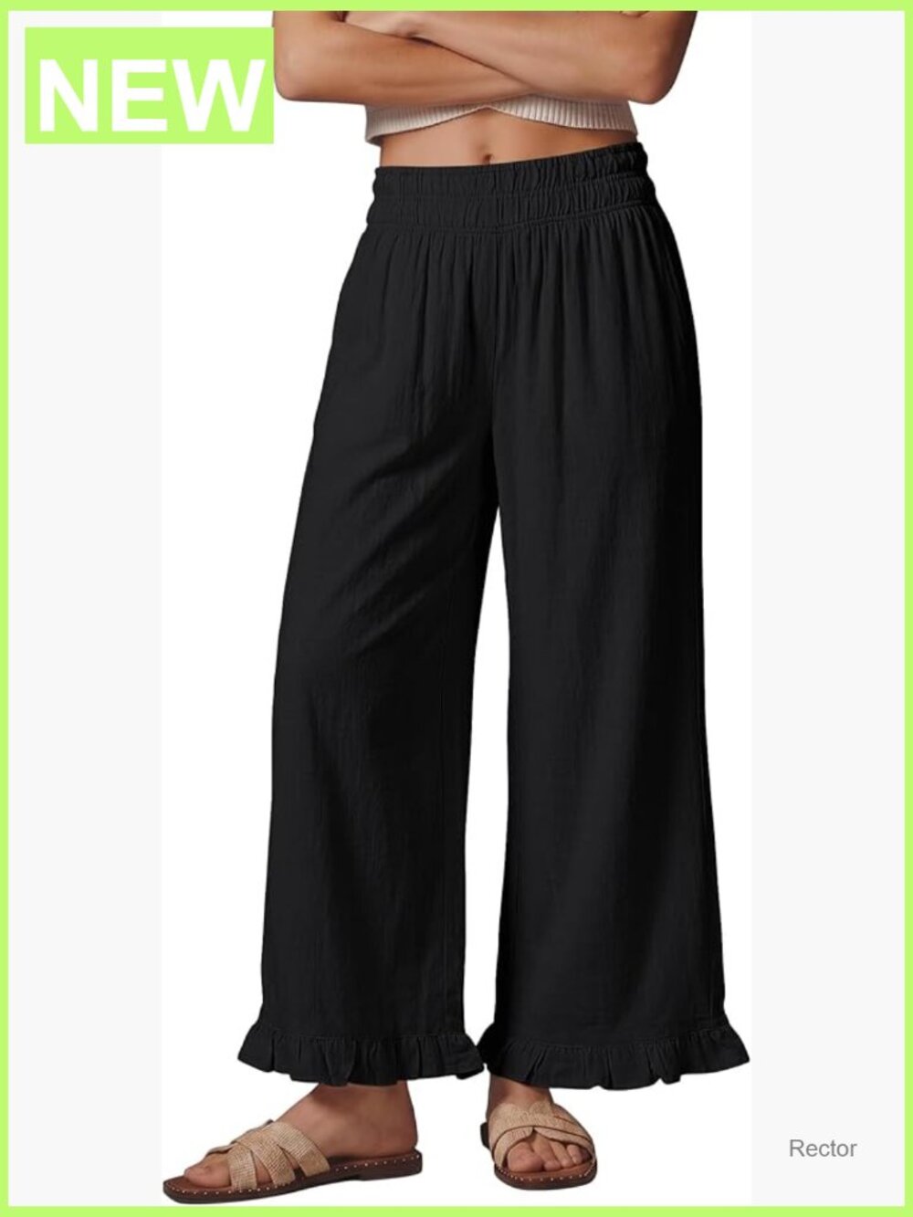 Wide Leg Linen Pants High Waisted Elastic Waist Ruffle Hem Cropped Ankle Summer